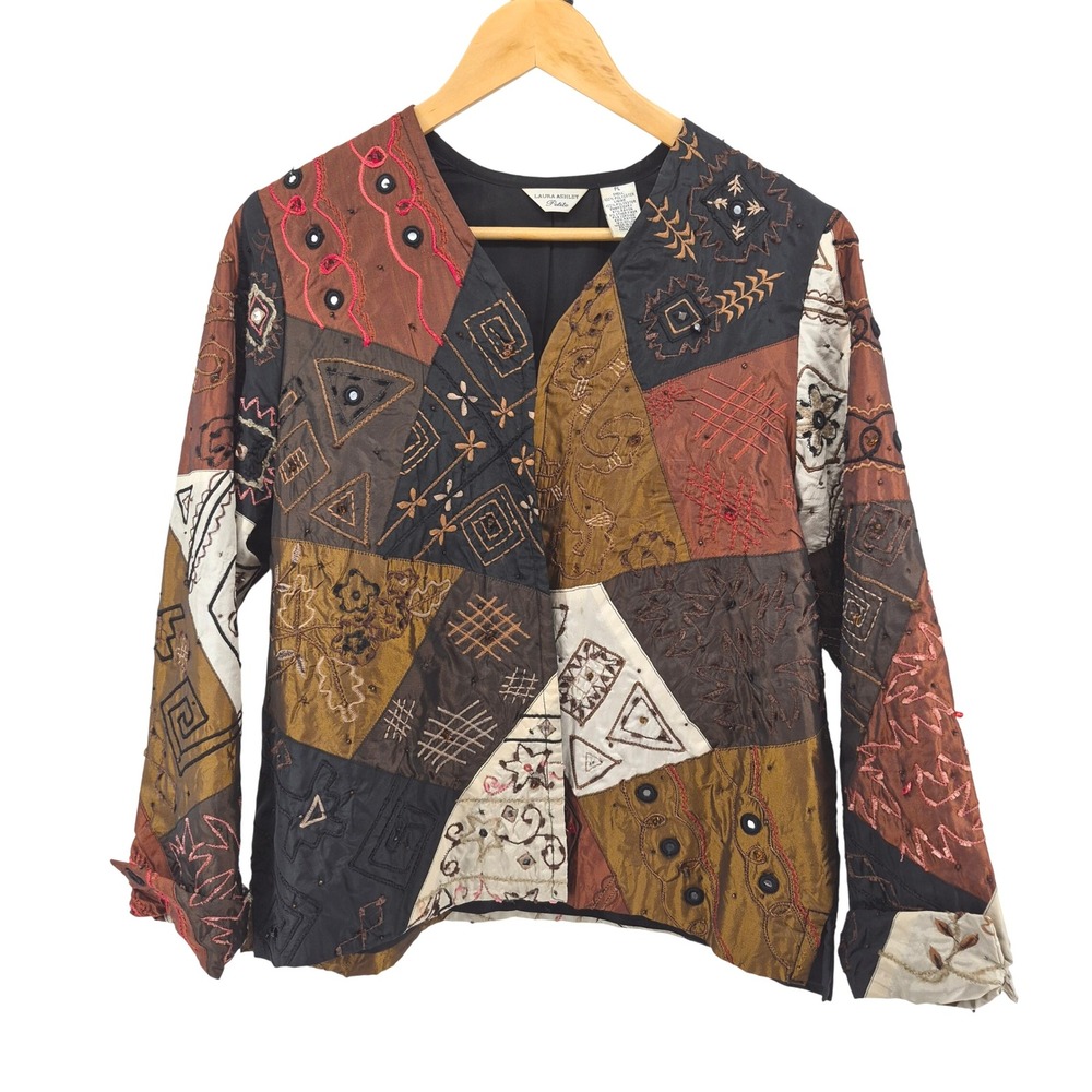 Vtg Y2K Laura Ashley Petite Patchwork Embroidered Jacket Women Sz PL Beaded Boho